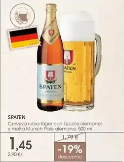 Supermercados Plaza Spaten - cerveza rubia lager con líquilos alemanas y malta munich pale alemana oferta