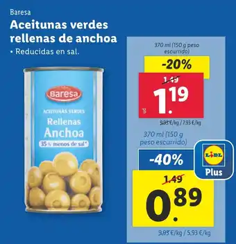 Lidl BARESA Aceitunas verdes rellenas de anchoa oferta