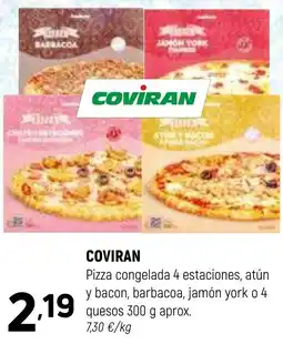 Coviran COVIRAN Pizza congelada 4 estaciones, atún y bacon, barbacoa, jamón york o 4 quesos oferta