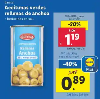 Lidl BARESA Aceitunas verdes rellenas de anchoa oferta