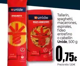 Unide Supermercados UNIDE Tallarín, spaghetti, macarrones, espirales, fideo entrefino o cabellín oferta