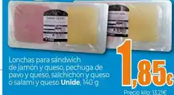 Unide Supermercados UNIDE Lonchas para sándwich de jamón y queso, pechuga de pavo y queso, salchichón y queso o salami y queso oferta