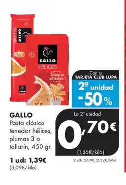 Supermercados Lupa GALLO Pasta clásica tenedor hélices, plumas 3 o tallarín oferta