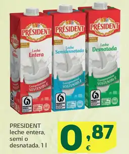 HiperDino PRESIDENT leche entera, semi o desnatada oferta