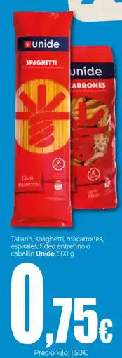 UDACO UNIDE Tallarín, spaghetti, macarrones, espirales, fideo entrefino o cabellín oferta