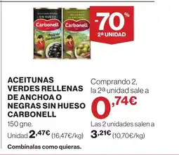Supercor CARBONELL Aceitunas verdes rellenas de anchoa o negras sin hueso oferta