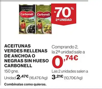 Supercor CARBONELL Aceitunas verdes rellenas de anchoa o negras sin hueso oferta