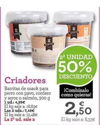 TiendAnimal Criadores Barritas de snack para perro con pavo, cordero y arroz o salmón, 300g oferta
