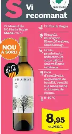 Sorli Abadal - vi blanc alba do pla de bages oferta