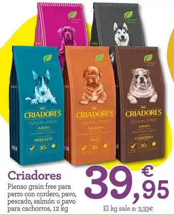 TiendAnimal Criadores Pienso Grain Free Para Perro Con Cordero, Pavo, Pescado, Salmón O Pavo Para Cachorros 12kg oferta