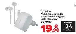 Carrefour Belkin - pack cargador 20 w + auricular type c cable plano blan oferta
