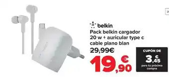Carrefour Belkin - pack cargador 20 w + auricular type c cable plano blan oferta