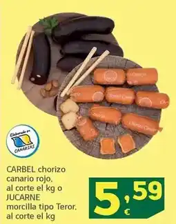 HiperDino Carbel chorizo canario rojo/ al corte el kg o jucarne morcilla tipo teror oferta