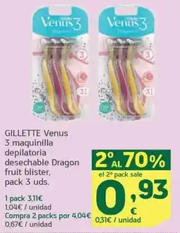 HiperDino Gillette - venus 3 maquinilla depilatoria desechable dragon fruit blister oferta
