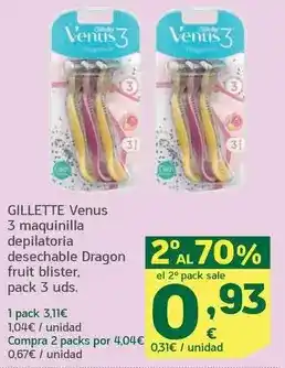 HiperDino Gillette - venus 3 maquinilla depilatoria desechable dragon fruit blister oferta