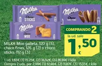 HiperDino Milka - moo galleta, choco finas, o choco sticks oferta