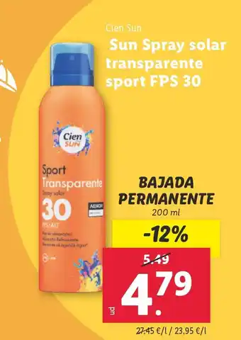 Lidl CIEN SUN Sun Spray solar transparente sport FPS 30 oferta