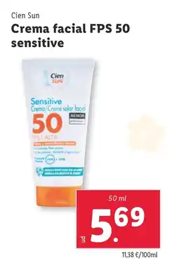 Lidl CIEN SUN Crema facial FPS 50 sensitive oferta