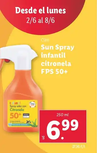 Lidl CIEN Sun Spray infantil citronela FPS 50+ oferta