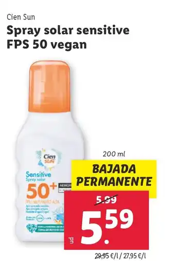 Lidl CIEN SUN Spray solar sensitive FPS 50 vegan oferta