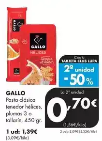 Supermercados Lupa Gallo - pasta clasica tenedor helices plumas 3 o tallarin oferta