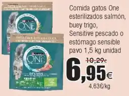 FROIZ PURINA ONE Comida gatos esterilizados salmón, buey trigo, Sensitive pescado o estómago sensible pavo oferta