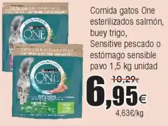 FROIZ PURINA ONE Comida gatos esterilizados salmón, buey trigo, Sensitive pescado o estómago sensible pavo oferta