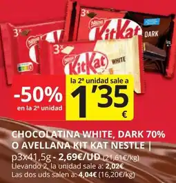 Supermercados MAS NESTLE Chocolatina white, dark 70% o avellana kit kat oferta