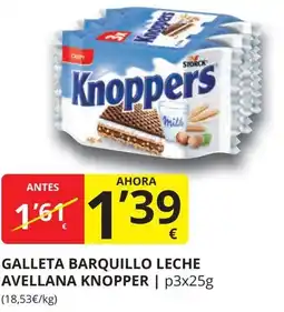 Supermercados MAS KNOPPER Galleta barquillo leche avellana oferta