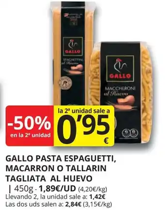 Supermercados MAS GALLO Pasta espaguetti, macarron o tallarin tagliata al huevo oferta