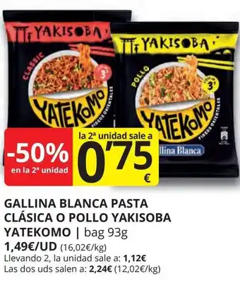 Supermercados MAS YATEKOMO Gallina blanca pasta clásica o pollo yakisoba oferta