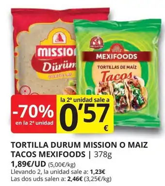 Supermercados MAS MEXIFOODS Tortilla durum mission o maiz tacos oferta