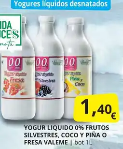 Supermercados MAS Yogur liquido 0% frutos silvestres, coco y piña o fresa valeme oferta