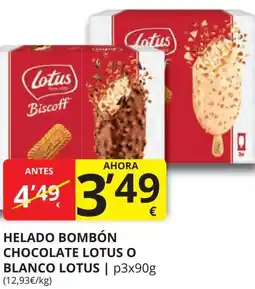 Supermercados MAS LOTUS Helado bombón chocolate lotus o blanco oferta