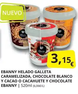 Supermercados MAS EBANNY helado galleta caramelizada, chocolate blanco y cacao o cacahuete y chocolate oferta