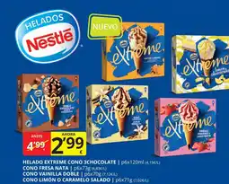 Supermercados MAS EXTREME Helado cono 3chocolate cono fresa nata cono vainilla doble cono limón o caramelo salado oferta