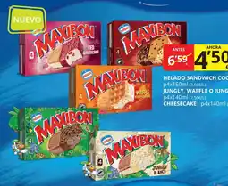 Supermercados MAS MAXIBON Helado sandwich cookie jungly, waffle o jungly blanco cheesecake oferta