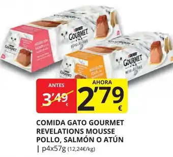 Supermercados MAS PURINA GOURMET Comida gato gourmet revelations mousse pollo, salmón o atún oferta