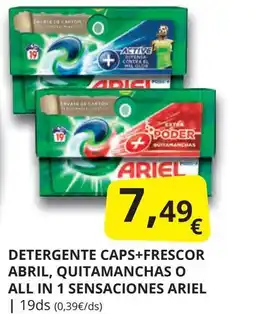 Supermercados MAS ARIEL Detergente caps+frescor abril, quitamanchas o all in 1 sensaciones oferta
