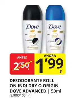 Supermercados MAS DOVE Desodorante roll on indi dry o origin advanced oferta
