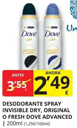 Supermercados MAS DOVE Desodorante spray invisible dry, original o fresh advanced oferta