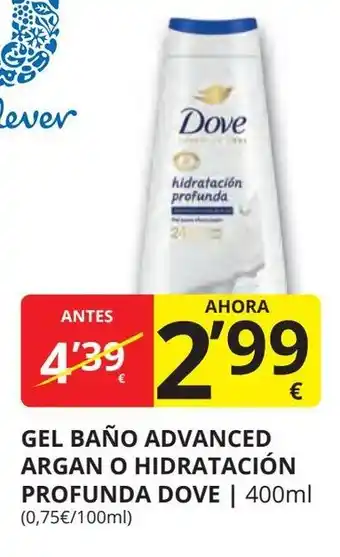 Supermercados MAS DOVE Gel baño advanced argan o hidratación profunda oferta