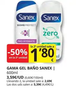 Supermercados MAS SANEX Gama gel baño oferta