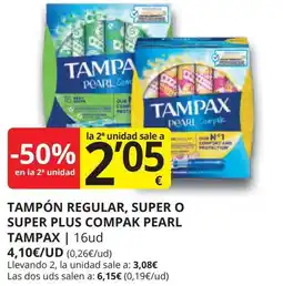 Supermercados MAS TAMPAX Tampón regular, super o super plus compak pearl oferta