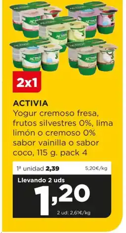 Alimerka ACTIVIA Yogur cremoso fresa, frutos silvestres 0%, lima limón o cremoso 0% sabor vainilla o sabor coco oferta