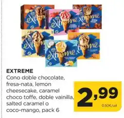 Alimerka EXTREME Cono doble chocolate, fresa-nata, lemon cheesecake, caramel oferta