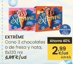 Eroski EXTRÊME Cono 3 chocolates Ahorra 40% o de fresa y nata oferta