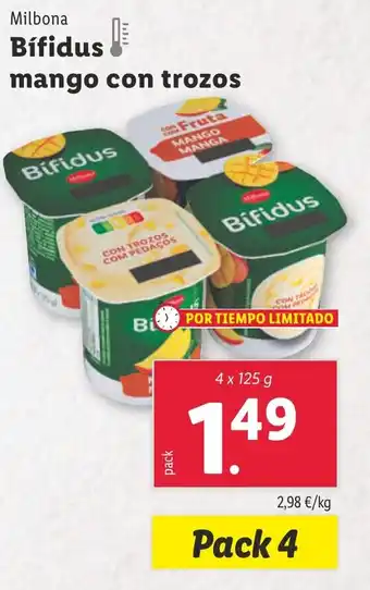 Lidl MILBONA Bifidus mango con trozos oferta