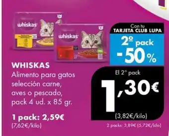 Supermercados Lupa WHISKAS Alimento para gatos selección carne, aves o pescado oferta
