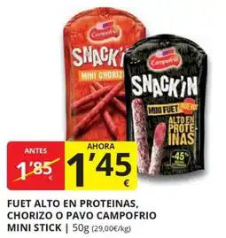 Supermercados MAS Fuet alto en proteinas, chorizo o pavo campofrio mini stick oferta